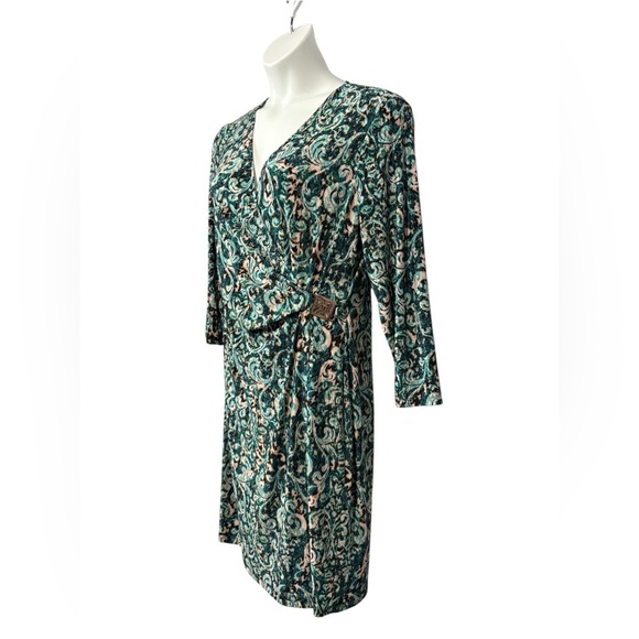 NEW, Anne Klein, Patterned Wrap Dress, Size 14, Green, Black, Pink - Picture 6 of 12